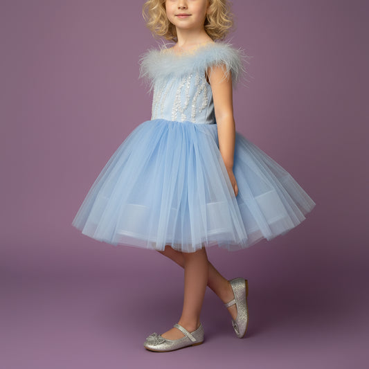 IJsblauwe prinsessenjurk voor meisjes met tule en glinsterende pailletten