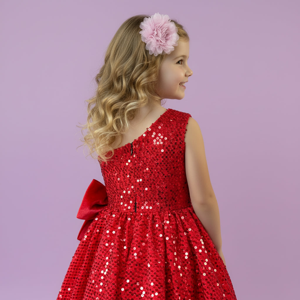 Rode meisjesfeestjurk met glinsterende pailletten en strik