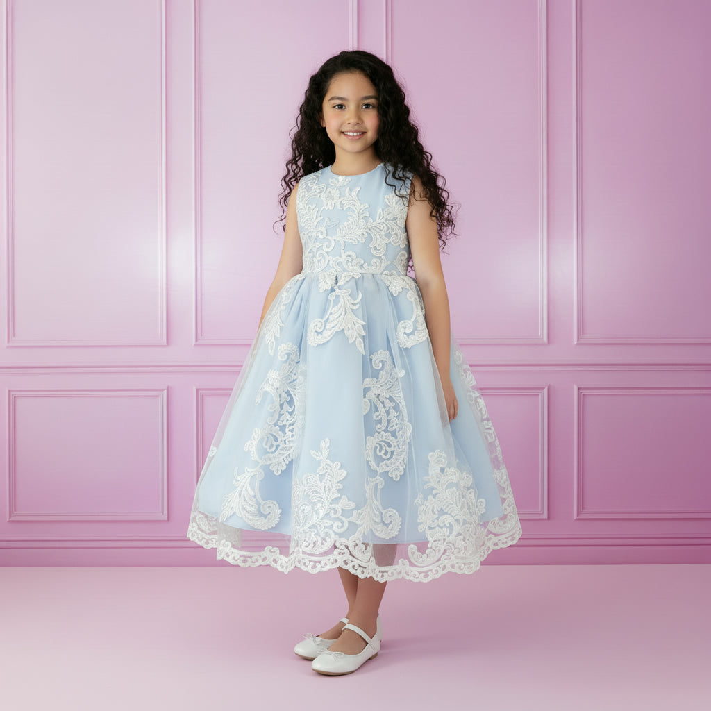 tea party dress for girls Long girls party dress - Blue