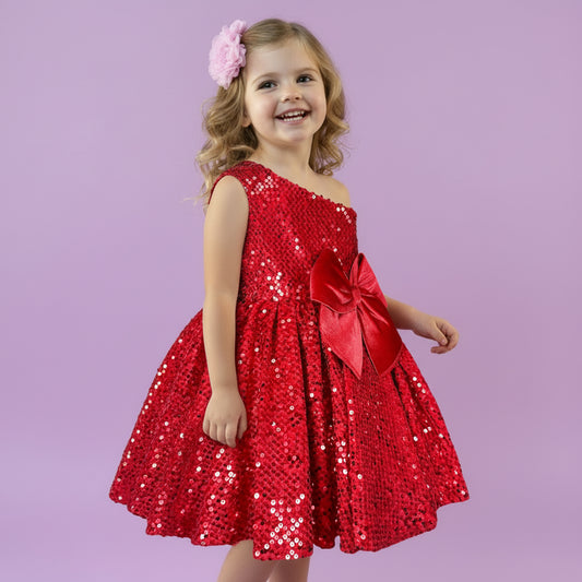 Rode meisjesfeestjurk met glinsterende pailletten en strik