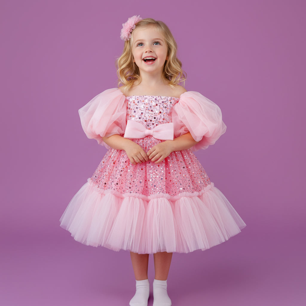 Roze meisjesfeestjurk met opvallende pofmouwen, glinsterende pailletten en zachte tule lagen
