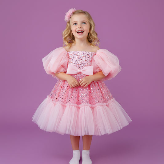 Roze meisjesfeestjurk met opvallende pofmouwen, glinsterende pailletten en zachte tule lagen