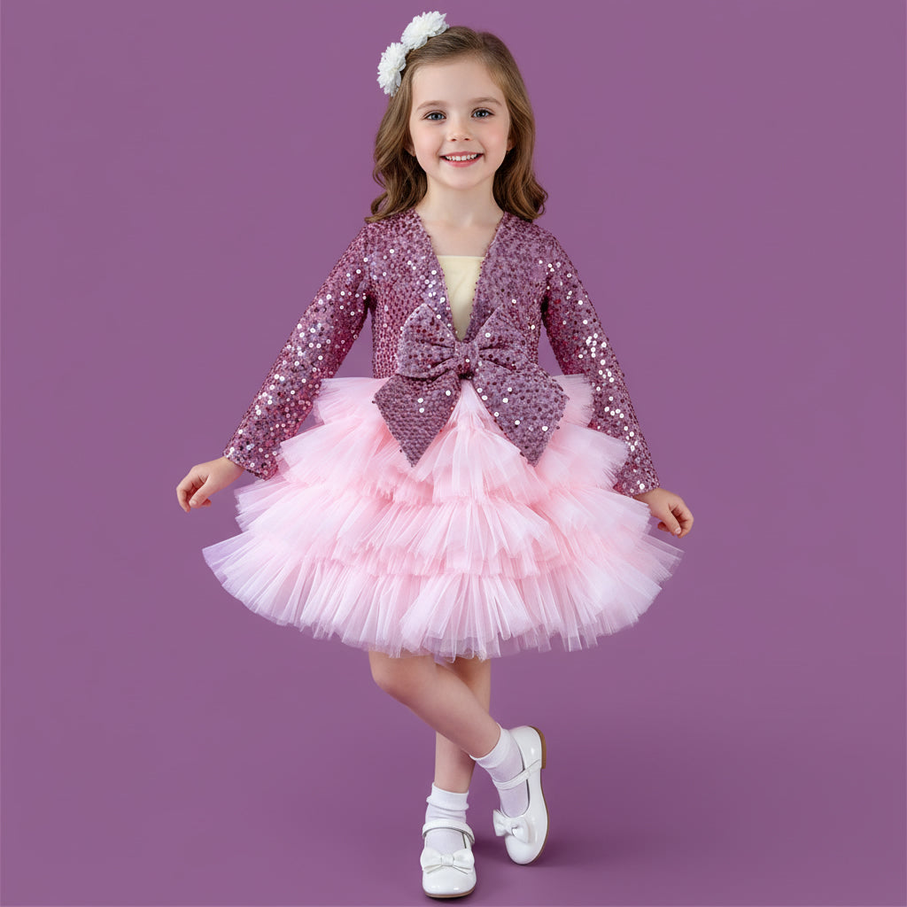 Roze meisjes feestjurk met pailletten, tule en satijnen strik