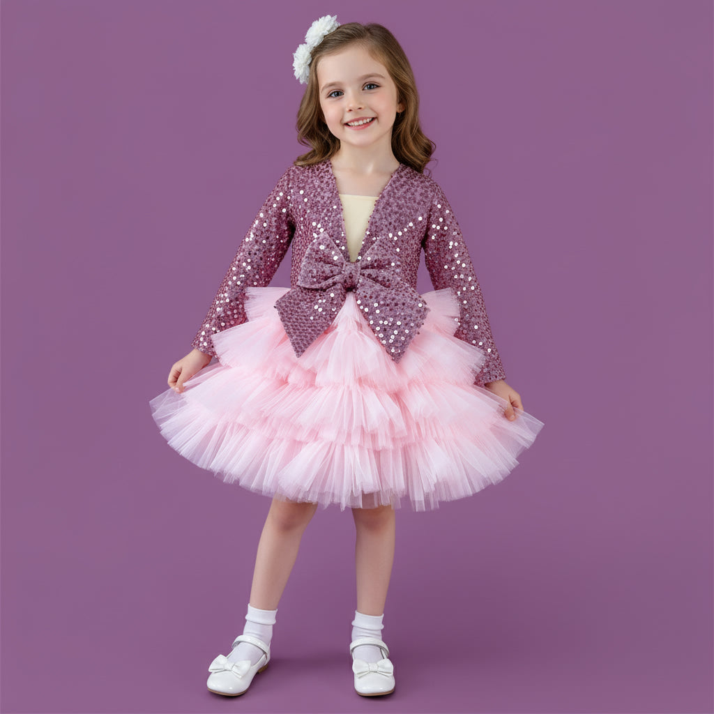 Roze meisjes feestjurk met pailletten, tule en satijnen strik