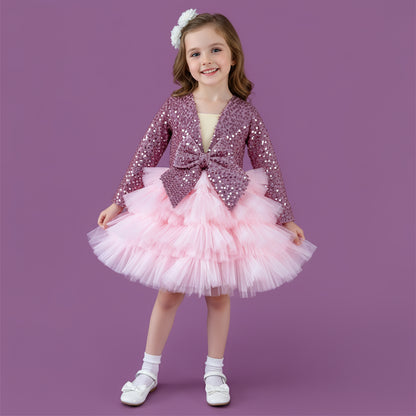 Roze meisjes feestjurk met pailletten, tule en satijnen strik