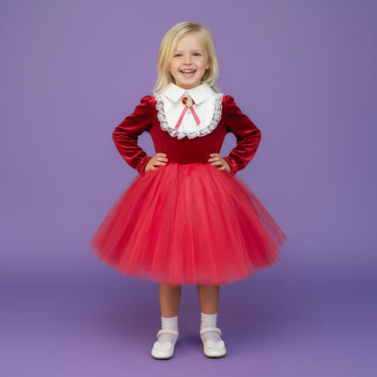 Meisjes Fluweel en Tule Feestjurk  | Rood