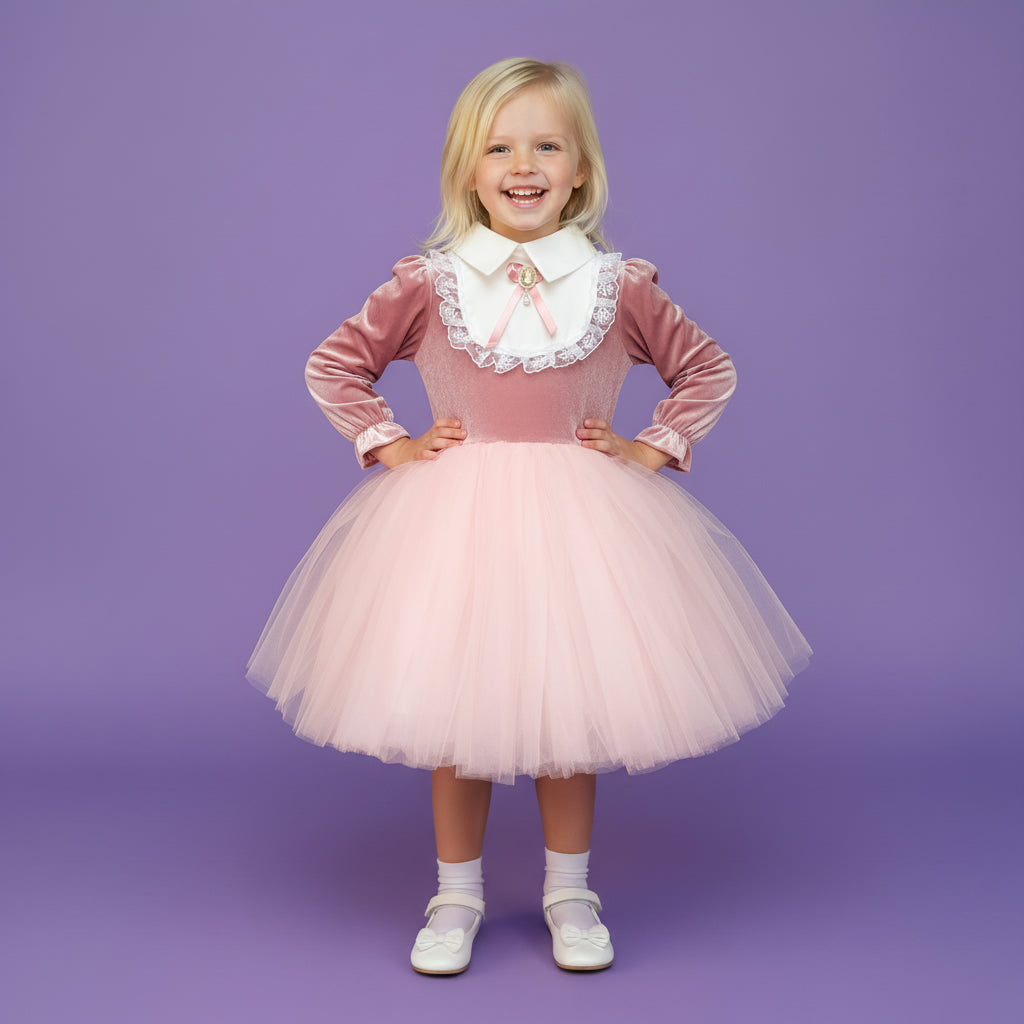Meisjes Fluweel en Tule Feestjurk | Roze