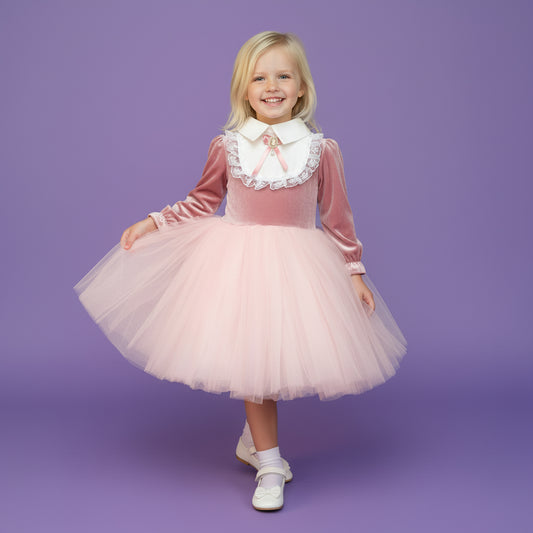 Meisjes Fluweel en Tule Feestjurk | Roze