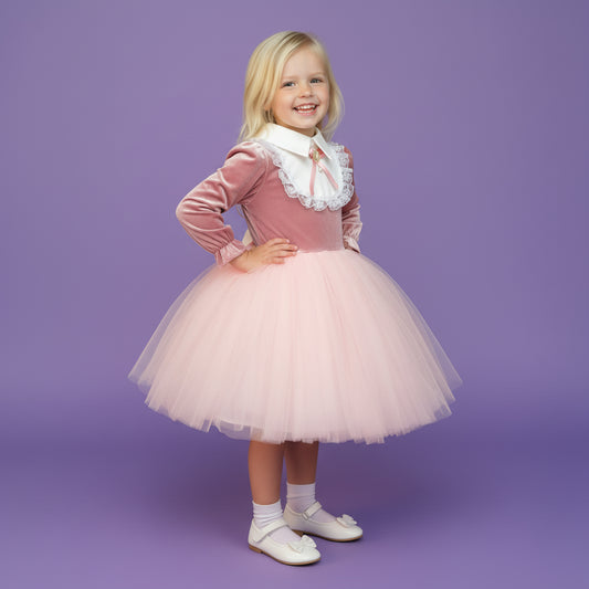 Meisjes Fluweel en Tule Feestjurk | Roze
