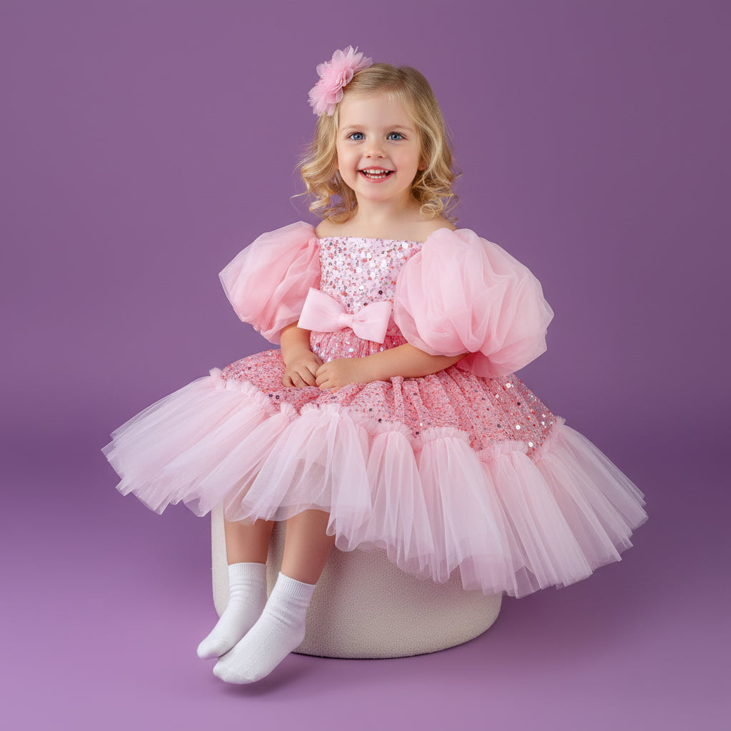 Roze meisjesfeestjurk met opvallende pofmouwen, glinsterende pailletten en zachte tule lagen