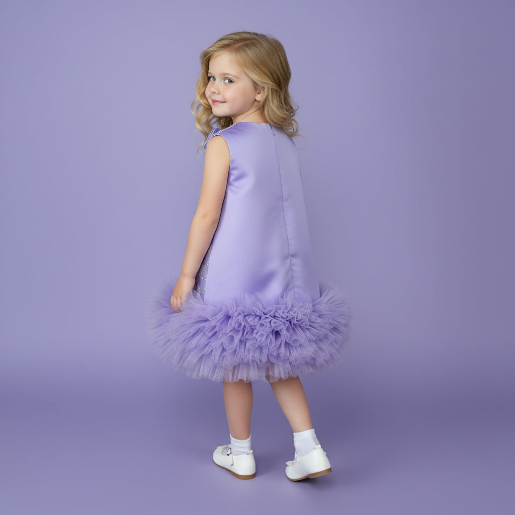 Lila meisjesfeestjurk met glinsterende pailletten, satijnen strik en zachte tule lagen