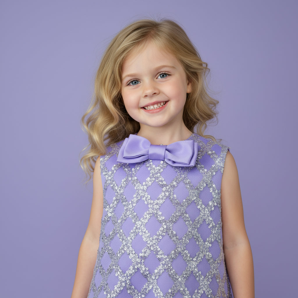 Lila meisjesfeestjurk met glinsterende pailletten, satijnen strik en zachte tule lagen