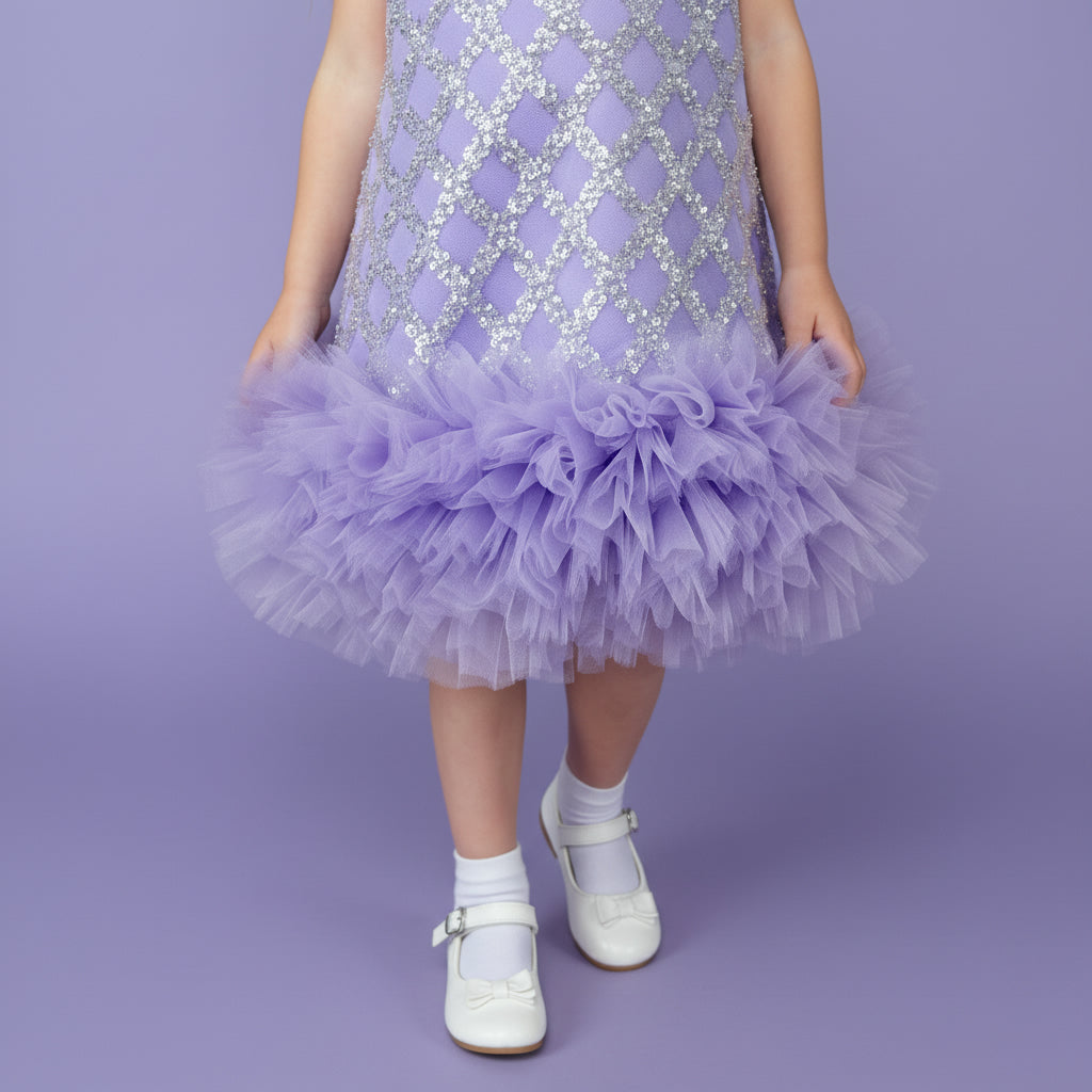 Lila meisjesfeestjurk met glinsterende pailletten, satijnen strik en zachte tule lagen