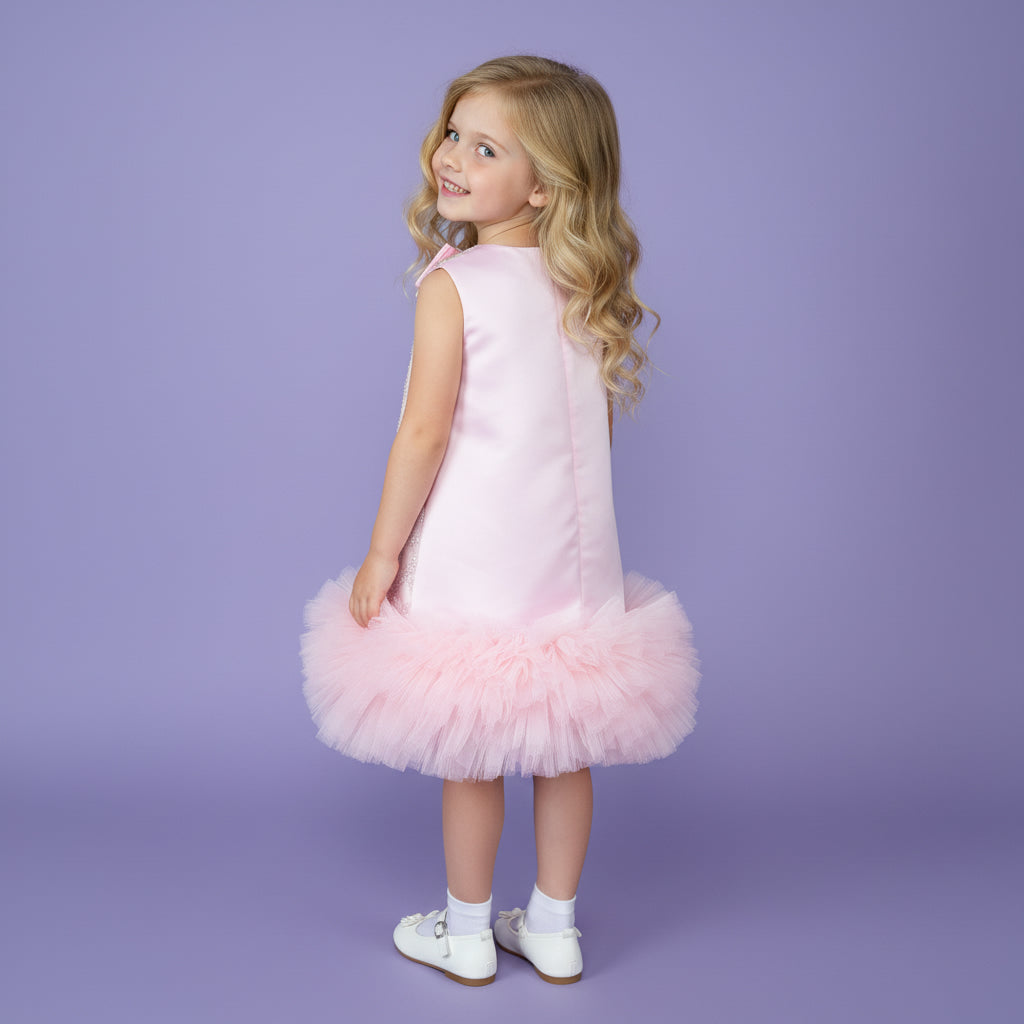 Roze meisjesfeestjurk met glinsterende pailletten, satijnen strik en zachte tule lagen