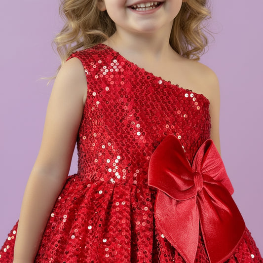 Rode meisjesfeestjurk met glinsterende pailletten en strik