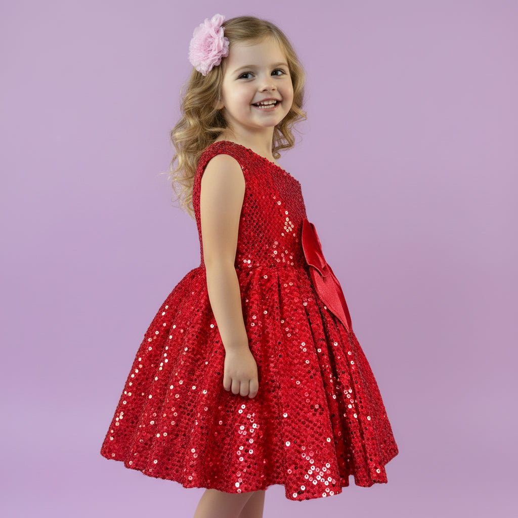 Rode meisjesfeestjurk met glinsterende pailletten en strik