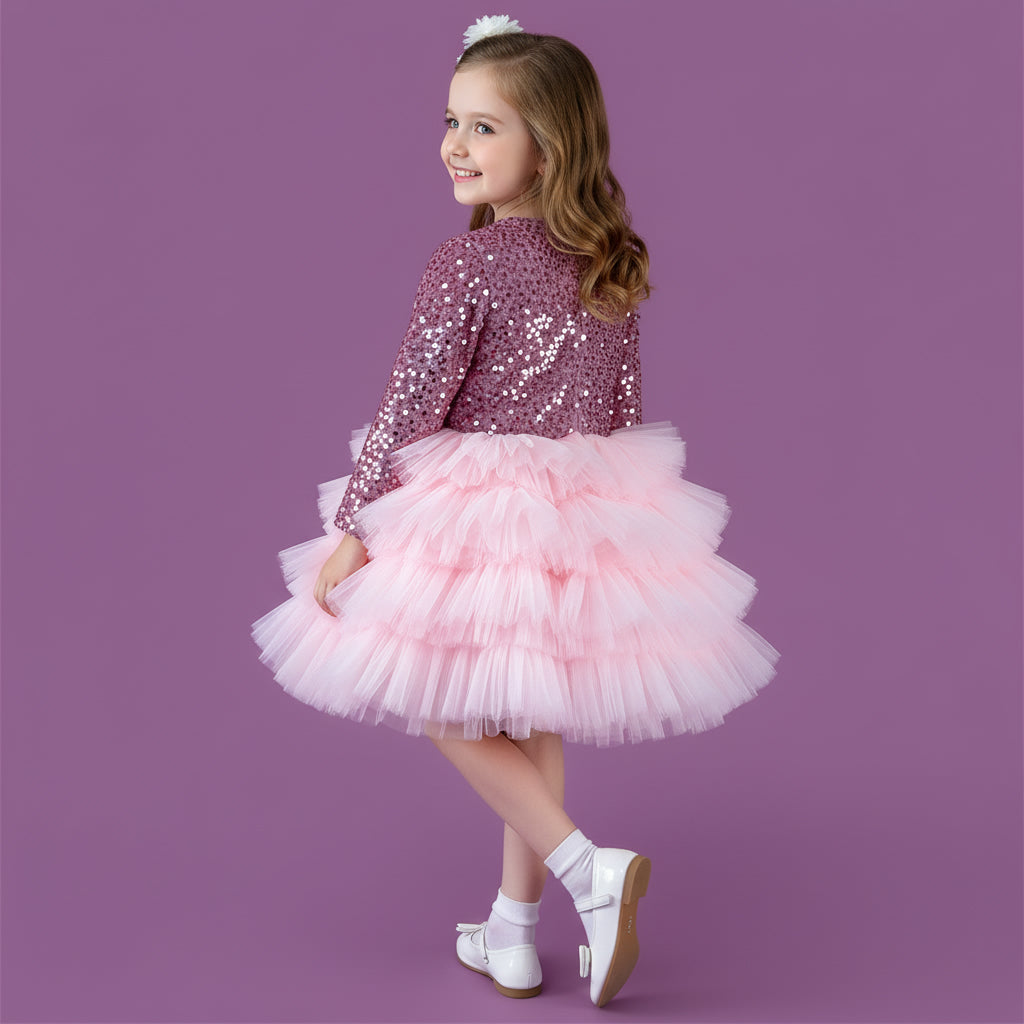 Roze meisjes feestjurk met pailletten, tule en satijnen strik