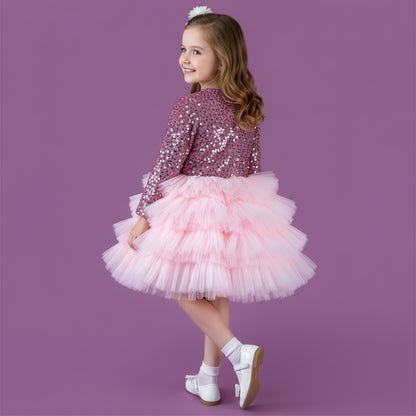 Roze meisjes feestjurk met pailletten, tule en satijnen strik