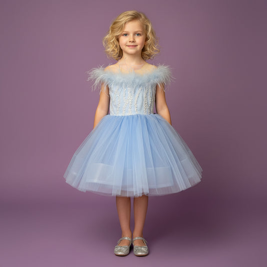 IJsblauwe prinsessenjurk voor meisjes met tule en glinsterende pailletten
