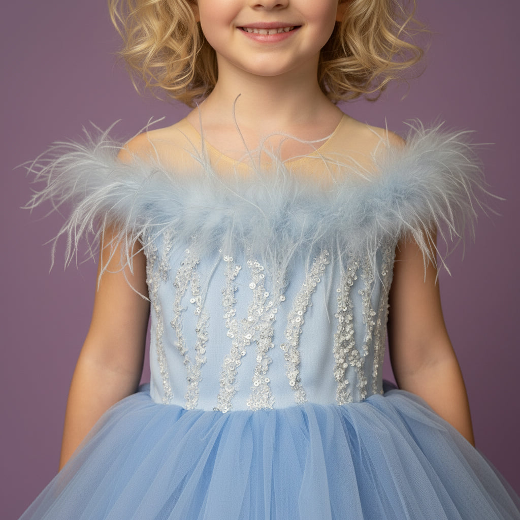 IJsblauwe prinsessenjurk voor meisjes met tule en glinsterende pailletten