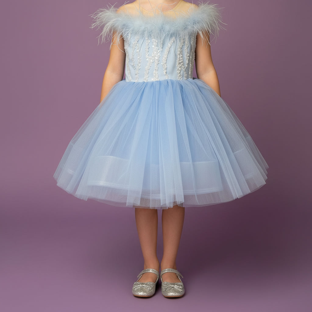 IJsblauwe prinsessenjurk voor meisjes met tule en glinsterende pailletten