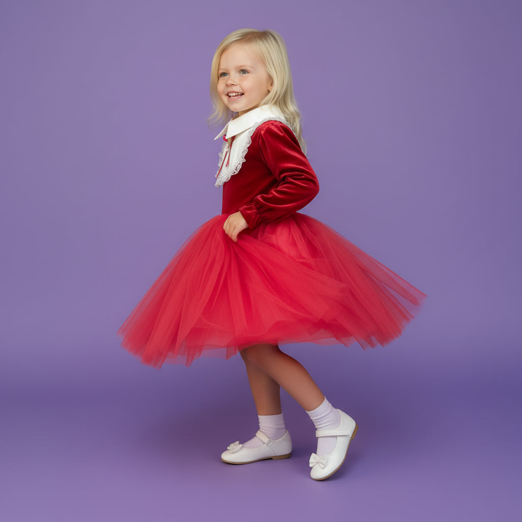 Meisjes Fluweel en Tule Feestjurk  | Rood