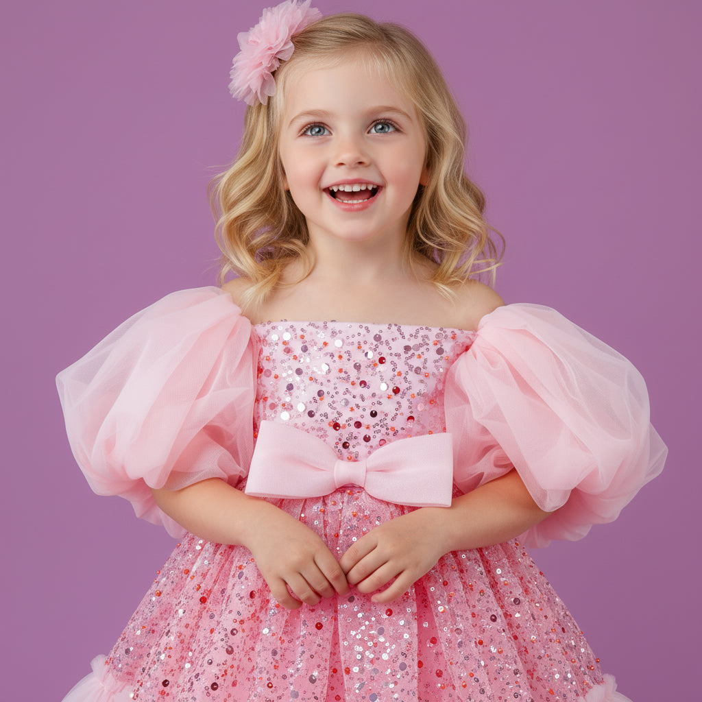 Roze meisjesfeestjurk met opvallende pofmouwen, glinsterende pailletten en zachte tule lagen