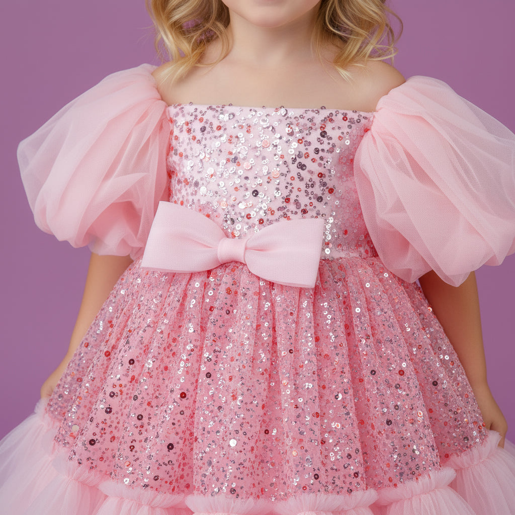 Roze meisjesfeestjurk met opvallende pofmouwen, glinsterende pailletten en zachte tule lagen