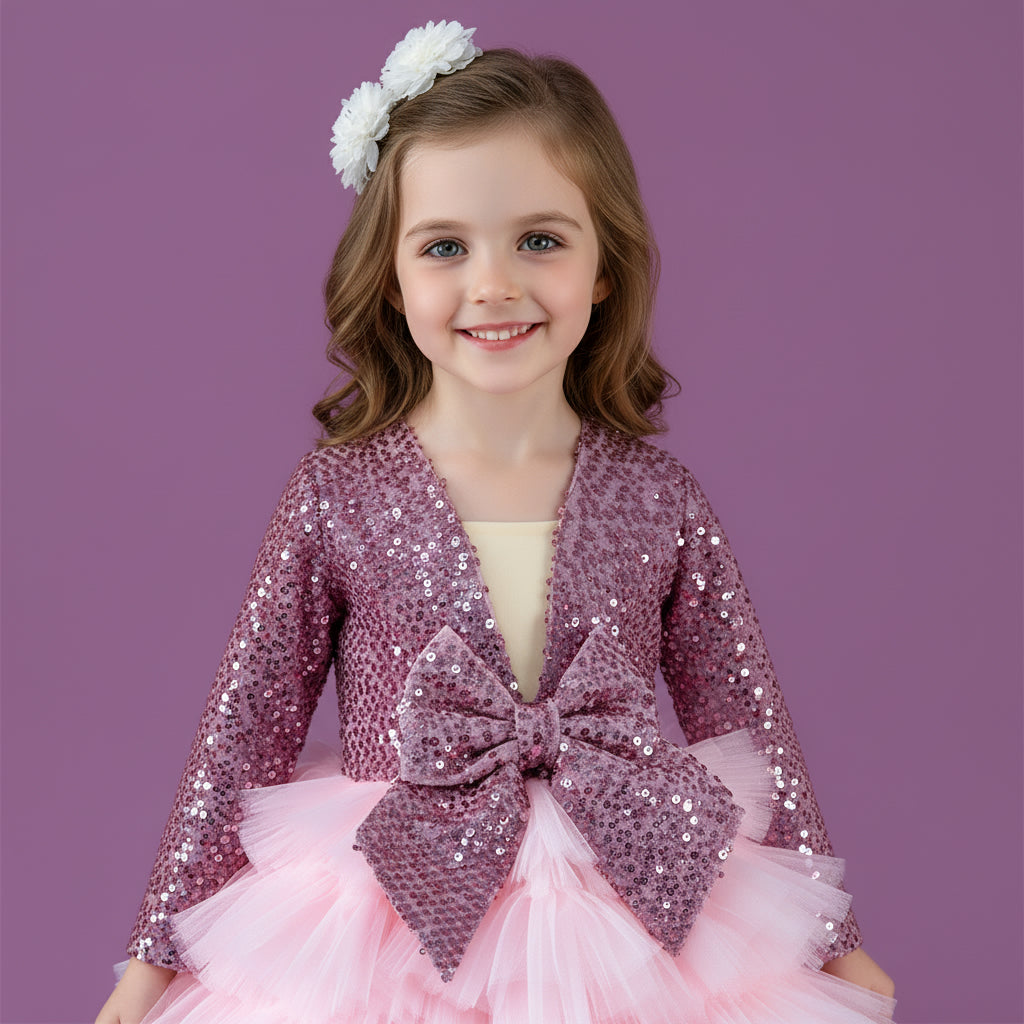 Roze meisjes feestjurk met pailletten, tule en satijnen strik