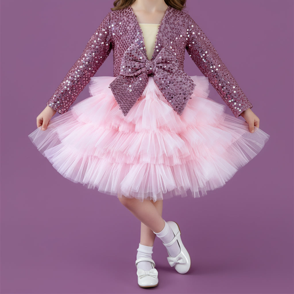 Roze meisjes feestjurk met pailletten, tule en satijnen strik