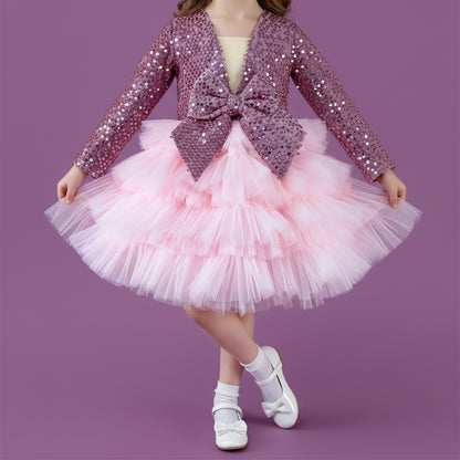 Roze meisjes feestjurk met pailletten, tule en satijnen strik