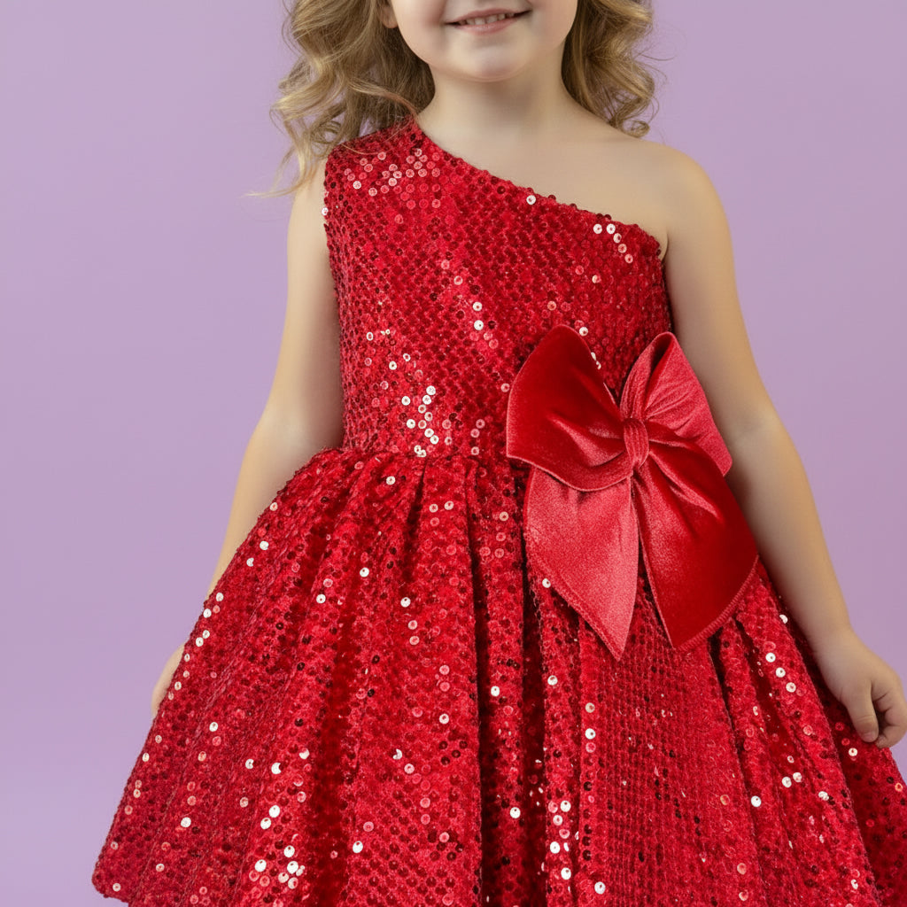 Rode meisjesfeestjurk met glinsterende pailletten en strik