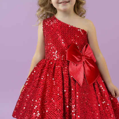 Rode meisjesfeestjurk met glinsterende pailletten en strik