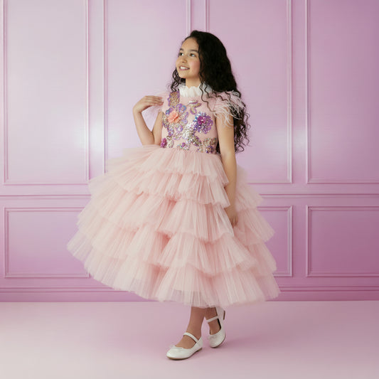 Elegante Lange Meisjes Feestjurk | Poederroze